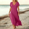 thumbnail image 2 of Unir Women's Summer Maxi Dress, Solid Color Eyelet Short Sleeve V-Neck Casual Dress for Daily & Travel, 1PC, S-XXL, 2 of 4