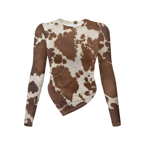Xoenoiee Brown Cow Pattern Women's Long Sleeve T Shirts Crew Neck Slim Fit Tops Dressy Ruched Basic Tee Y2k Going Out Shirts Irregular Hem Blouser, S