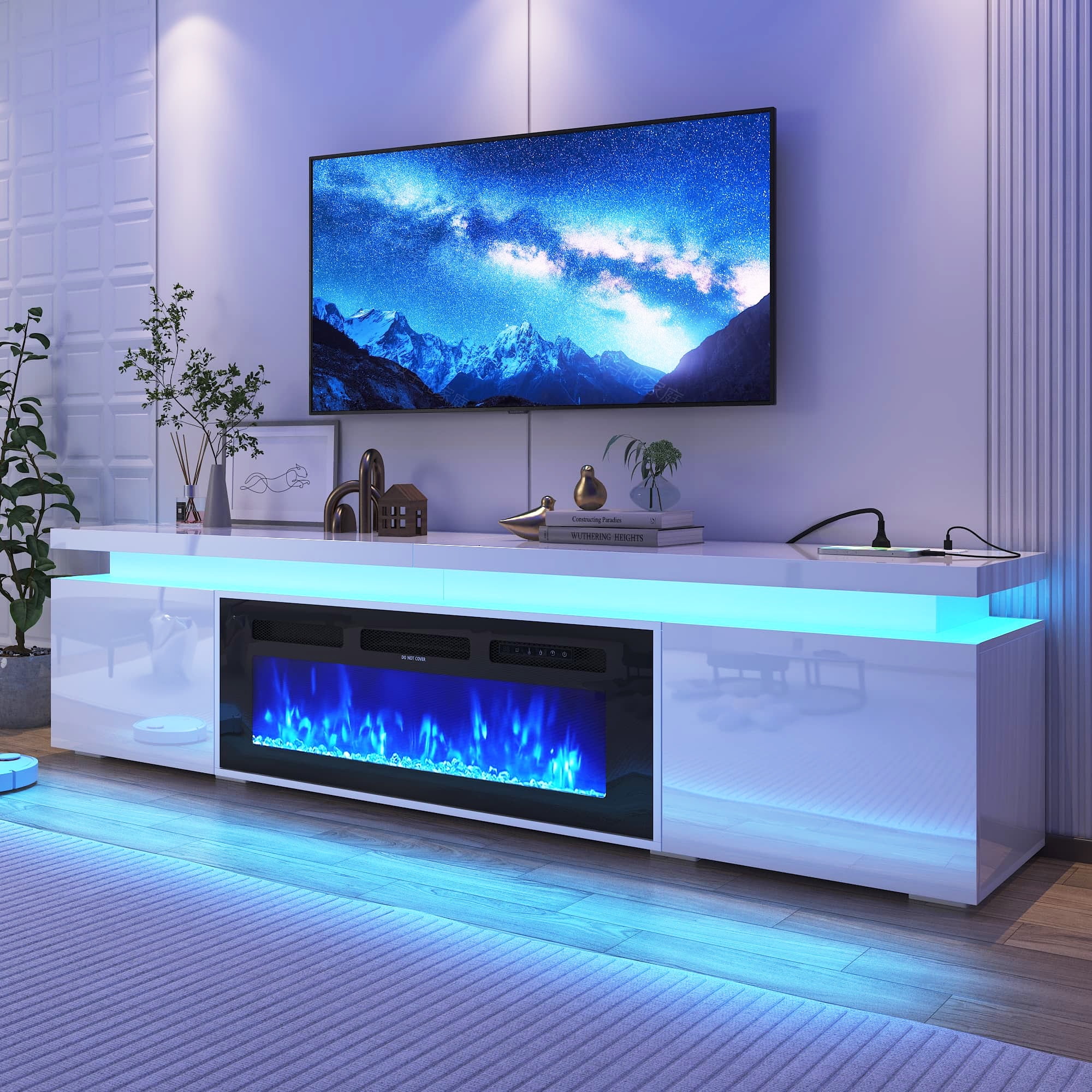Fireplace TV Stand for 70" 75" 80" with LED Light & Outlets, 70" Large Entertainment Center Gaming Soundbar Shelf with 40'' Electric Fireplace