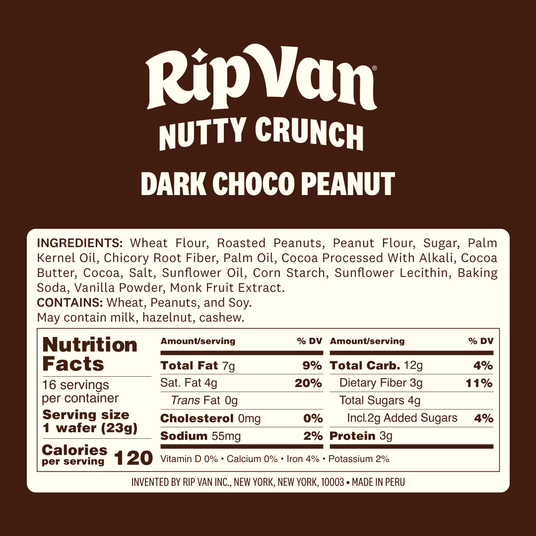 Rip Van Crispy Dark Chocolate Peanut Butter Wafers, Vegan, Low Sugar, 16 Pack