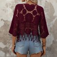 thumbnail image 4 of Women's Plain Fringe Trim Cut Out Sheer Crochet Cover Up Boho Scallop Trim 3/4 Sleeve Round Neck Beach Coverup Tops, 4 of 5