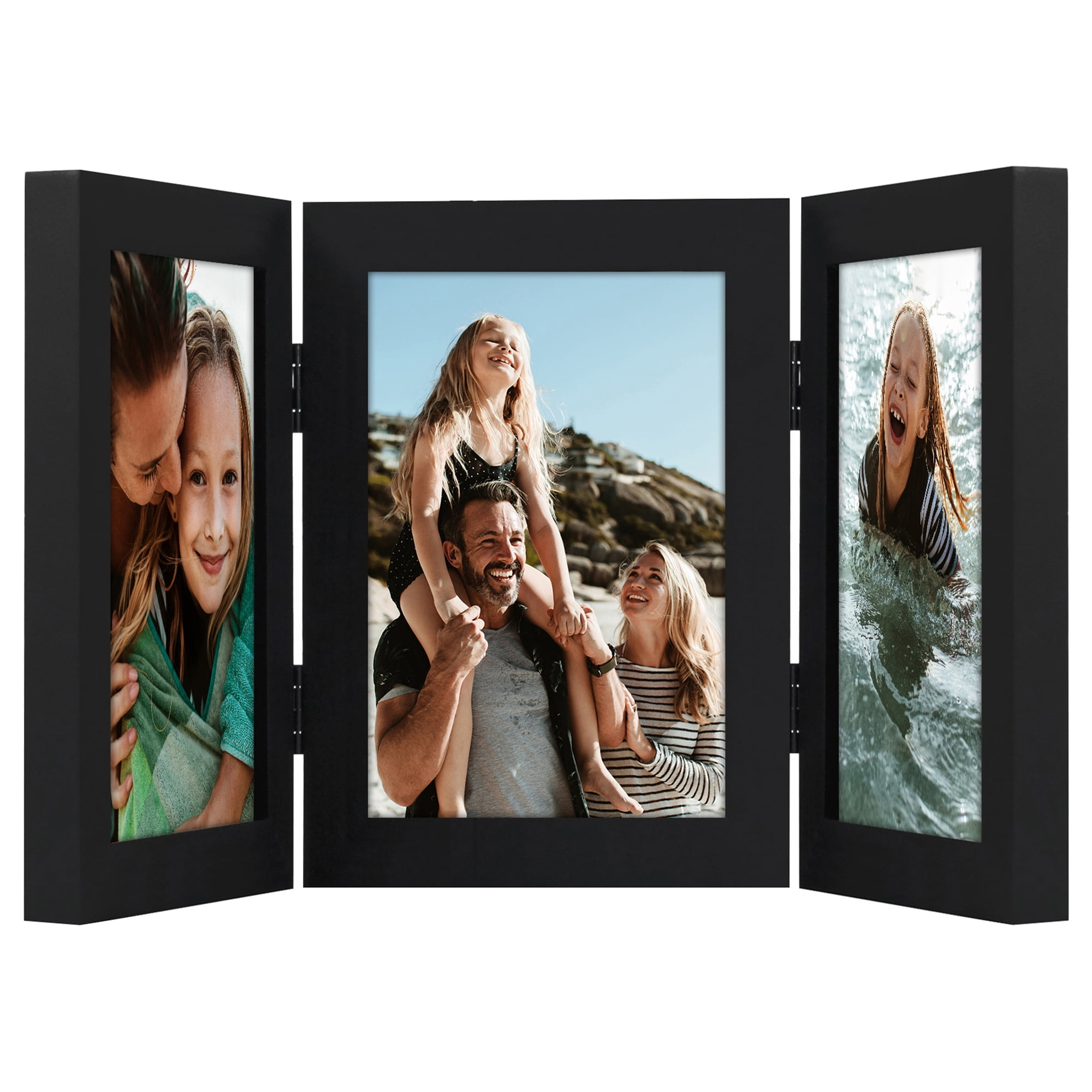 Americanflat Hinged 3 Photo Frame in Black MDF - Desk Photo Frame for 4X6" Photos - Tri Folding Picture Frame For Desk - Displays 3 Photos with Shatter-Resistant Glass Covers 4x6 Triple Fold Black