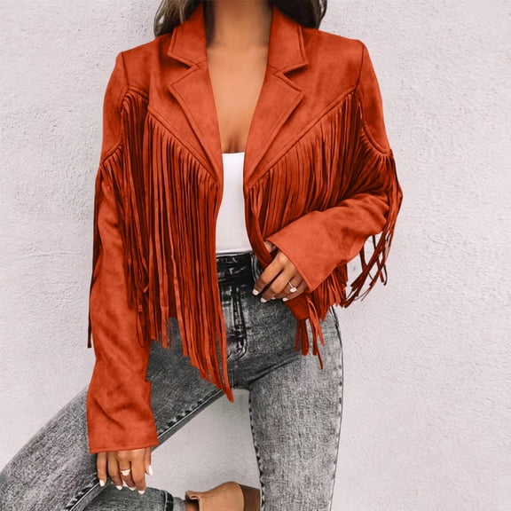 EazyTech Women's Fringe Western Denim Short Jacket Blazer Collar Fringe Coat Trendy Fall Going-Out Long Sleeve Tops