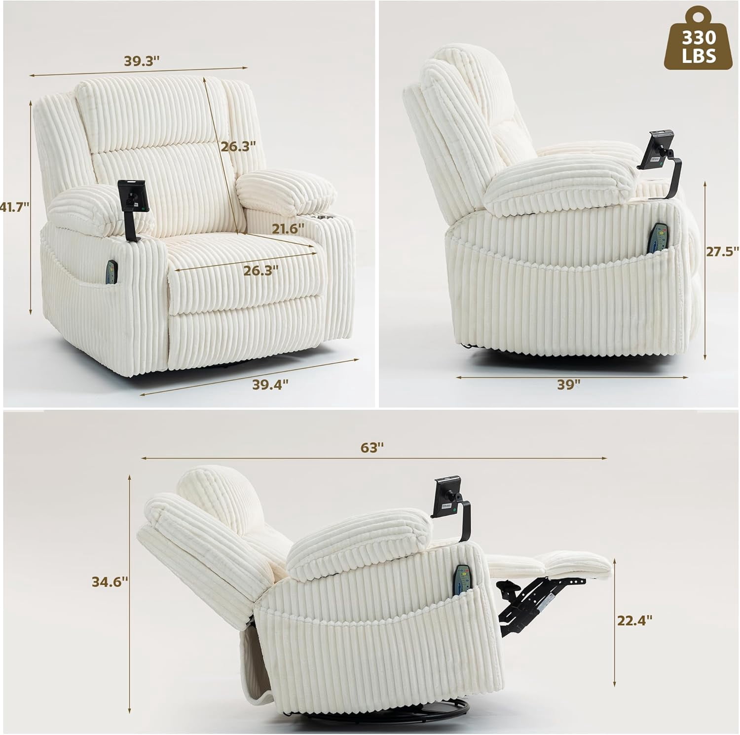 Power Swivel Rocker Recliner Chair for Adults with Massgae and Heat, USB and Type-C Charging Port, Infinite Position, Electric Glider Rocking Chairs for Living Room, Nursery