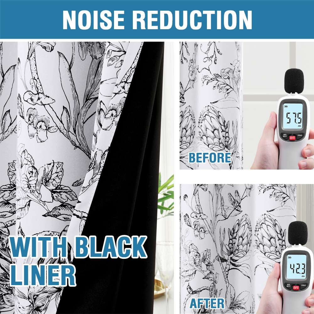 H.VERSAILTEX 100% Blackout Curtains Camellia Floral Printed Drapes Leah Floral Thermal Bedroom Curtains for Living room with Black Liner 2 Panels,52" x 84",Black