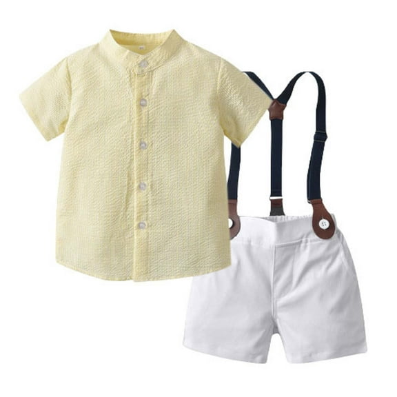 IROINNID Toddler Boys Short Sleeve Shirts&Suspender Shorts Cotton Formal Outfit Infant Solid Photography Birthday Gentlemen Set 2PC