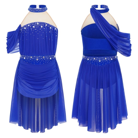 TiaoBug Kids Girls Figure Skating Lyrical Dance Dress Rhinestone Mesh Skirted Leotard Ballet Modern Ballroom Dancewear Royal Blue 8