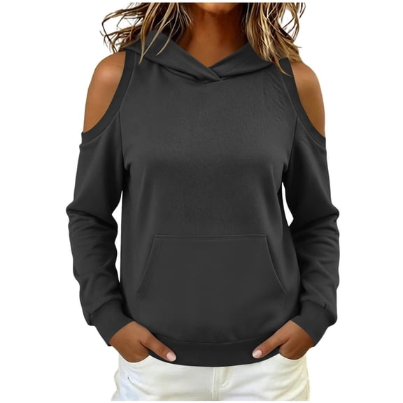 Women's Cutout Off-Shoulder Hoodies, Loose Long Sleeve Pullover Sweatshirt, Fashion Versatile Streetwear Blouses with Pockets
