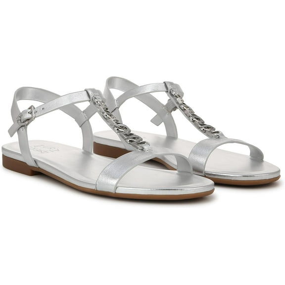 Naturalizer Women's Teach Chain-link Detail Flat Sandal  Silver Leather 5.5M