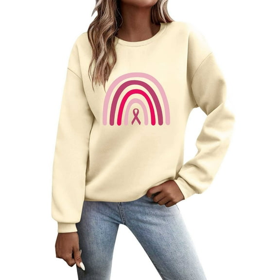 Crewneck Sweatshirts with Pink Ribbon Printed Women Long Sleeve Tops 2025 Fall Fashion Clothes Winter Pullover Support Cancer Patients (Beige, L)