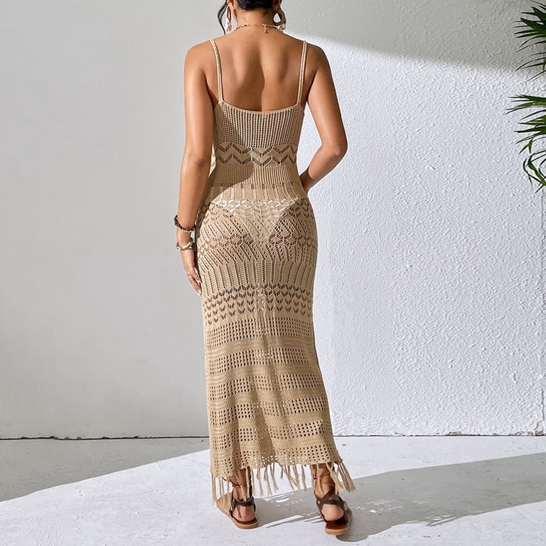 Women's Crochet Maxi Beach Cover-Up Dress - Spaghetti Strap Fringe Hem  Suspender Resort Wear Summer 2025,Size M - Walmart.com