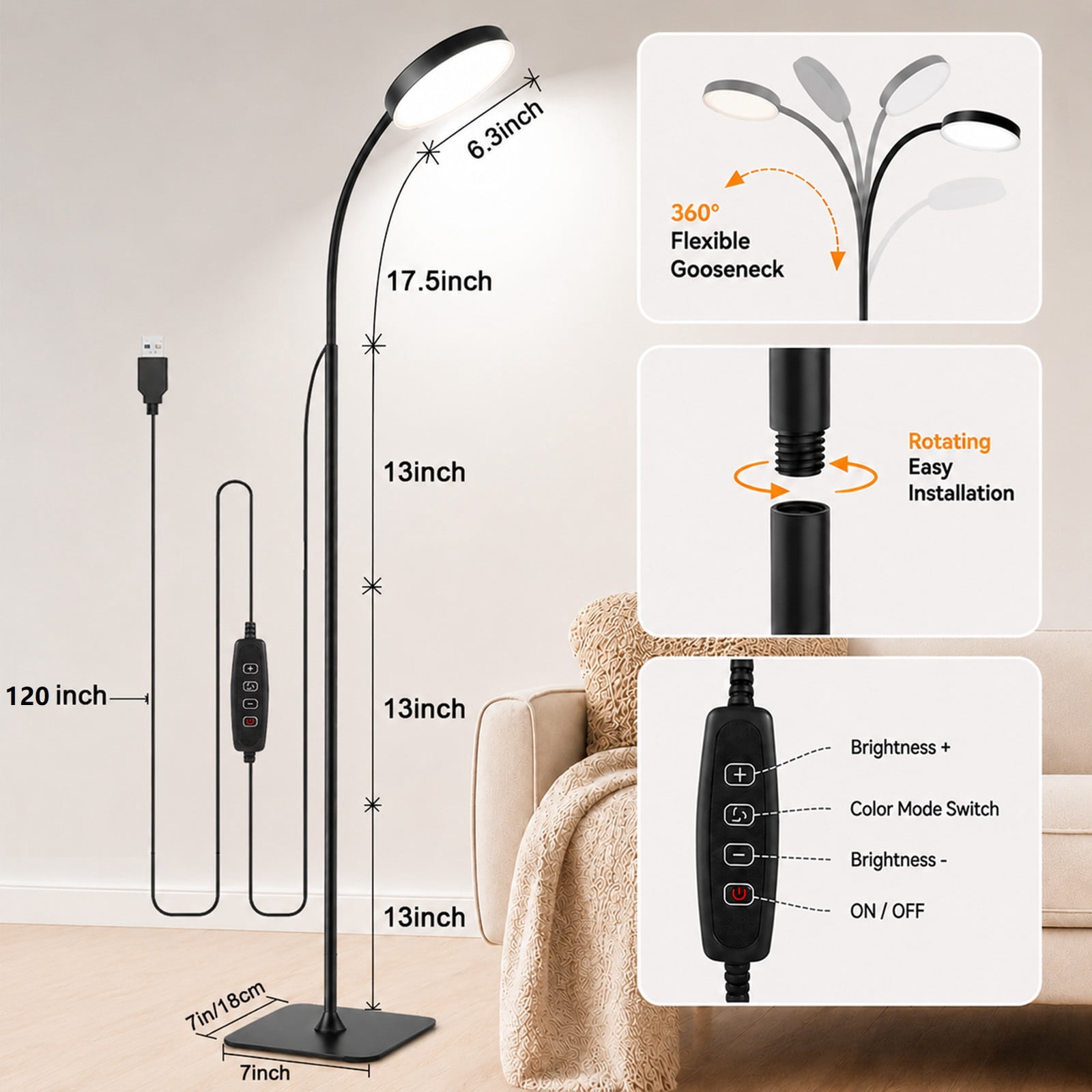Gaormii Adjustable Height LED Floor Lamp, 3 Colors and 10 Brightness Dimmable Standing Lamp for Living Room Bedroom Office, Black