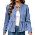 thumbnail image 6 of Iyufng Women's Round Neck Long Sleeve Denim Jackets Single Breasted Peplum Hem Casual Short Outerwear, 6 of 9