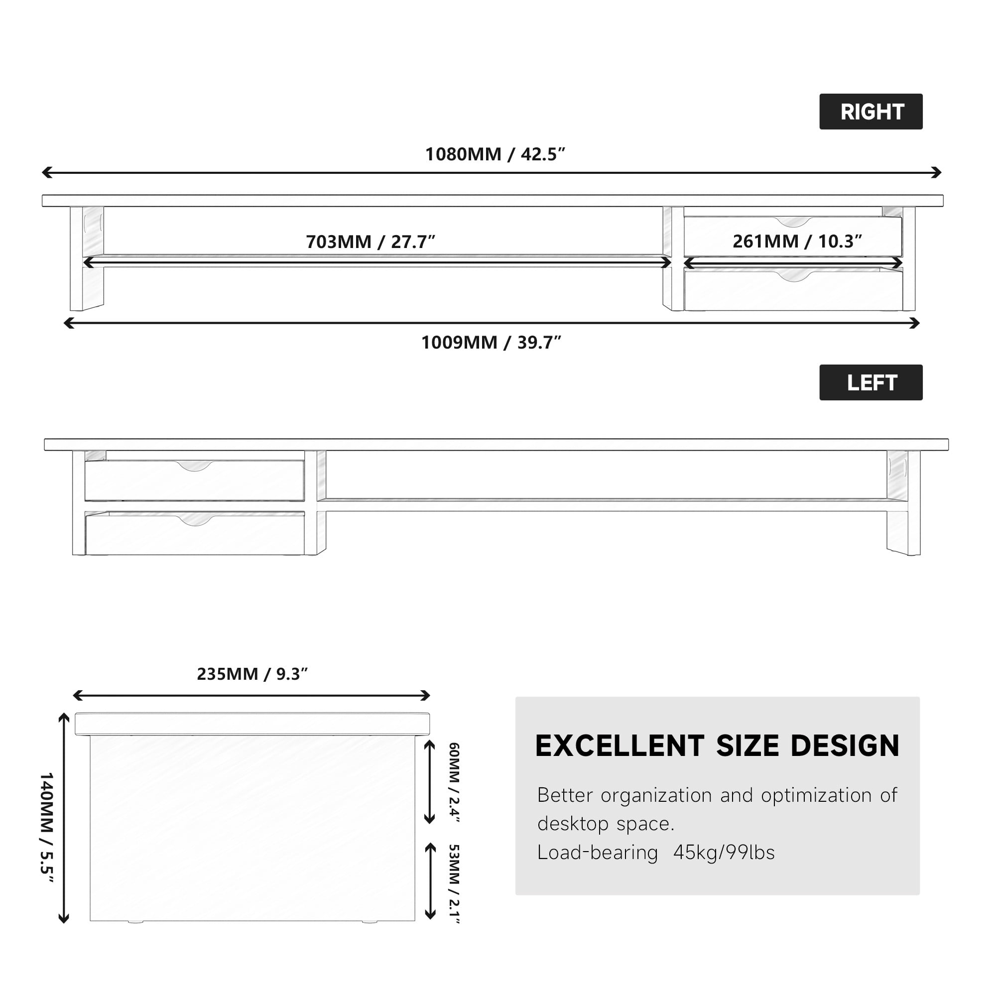 Fenge 42.5 in Dual Monitor Riser with Drawer, 2 Tier Wood and Acrylic Desk Organizer