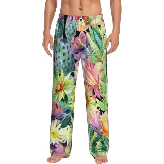 Daiia Watercolor Blooming Cactus Men's Sleep Pant with Pockets and Drawstring,Pajama Pants-XX-Large