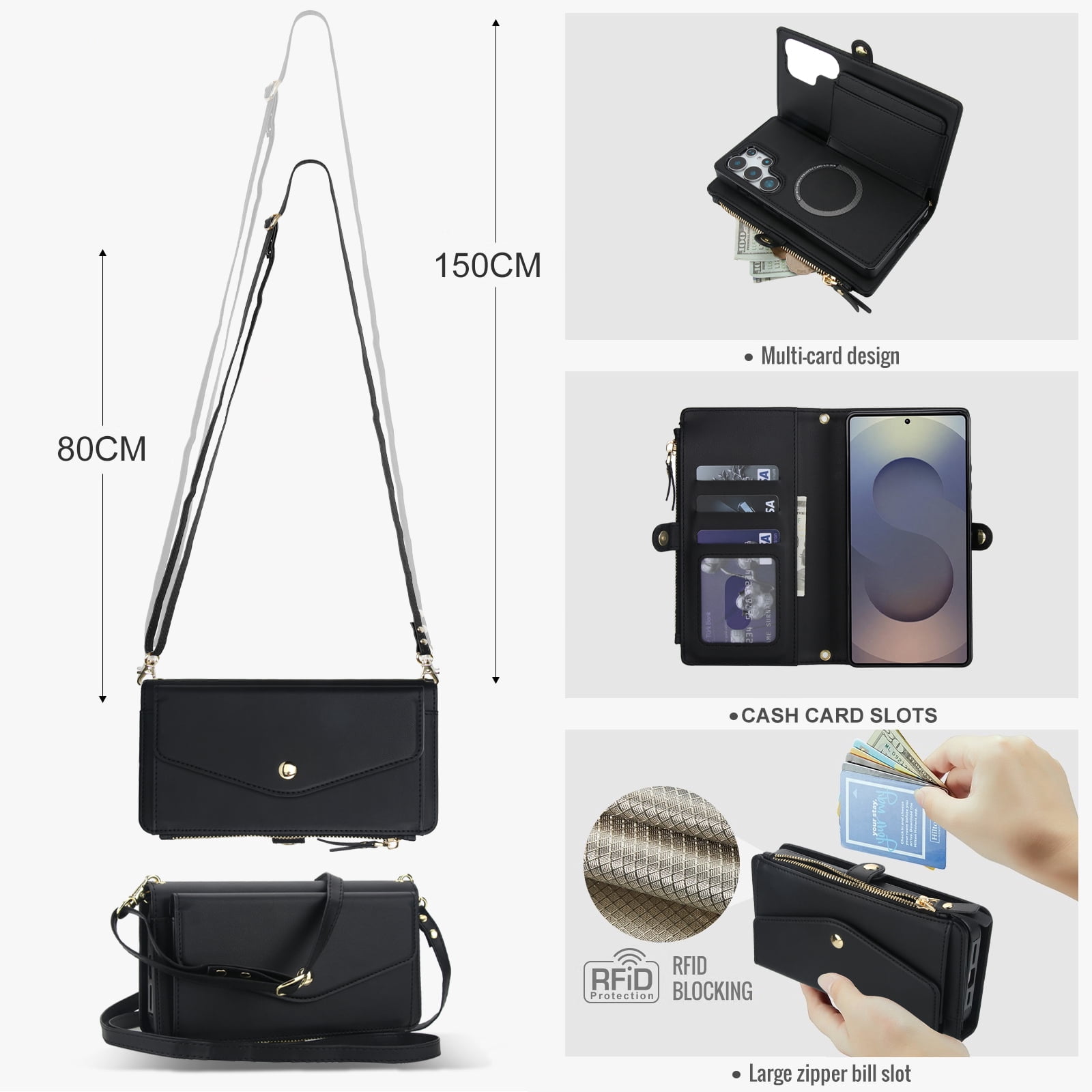 Designed for Samsung Galaxy S24 FE Multi-Function Wallet Phone Case,With Shoulder Strap&Wrist Strap,Cash Pocket&Card Slots,Zipper Purse,Magnetic Detachable PU Leather Flip Phone Case,Black