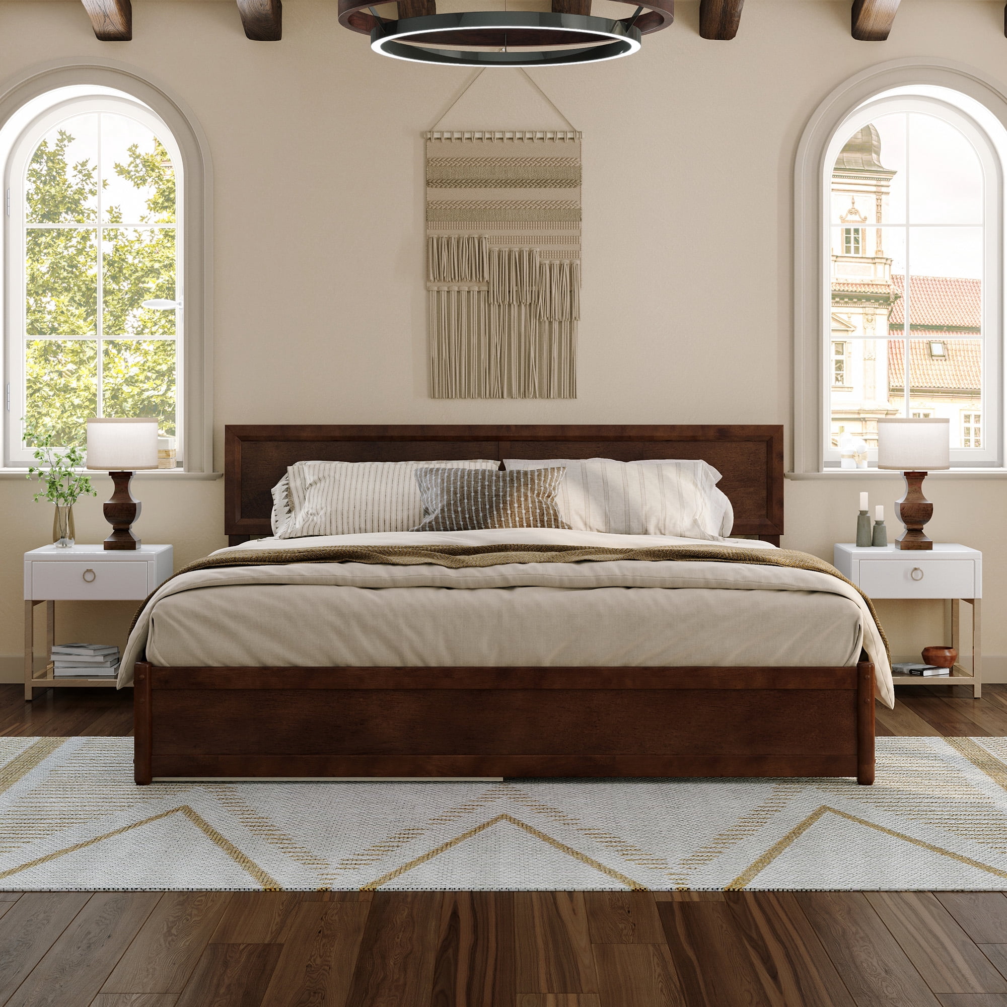 AFI Lylah King Wood Platform Bed with Panel Footboard and Twin XL Trundle, Walnut