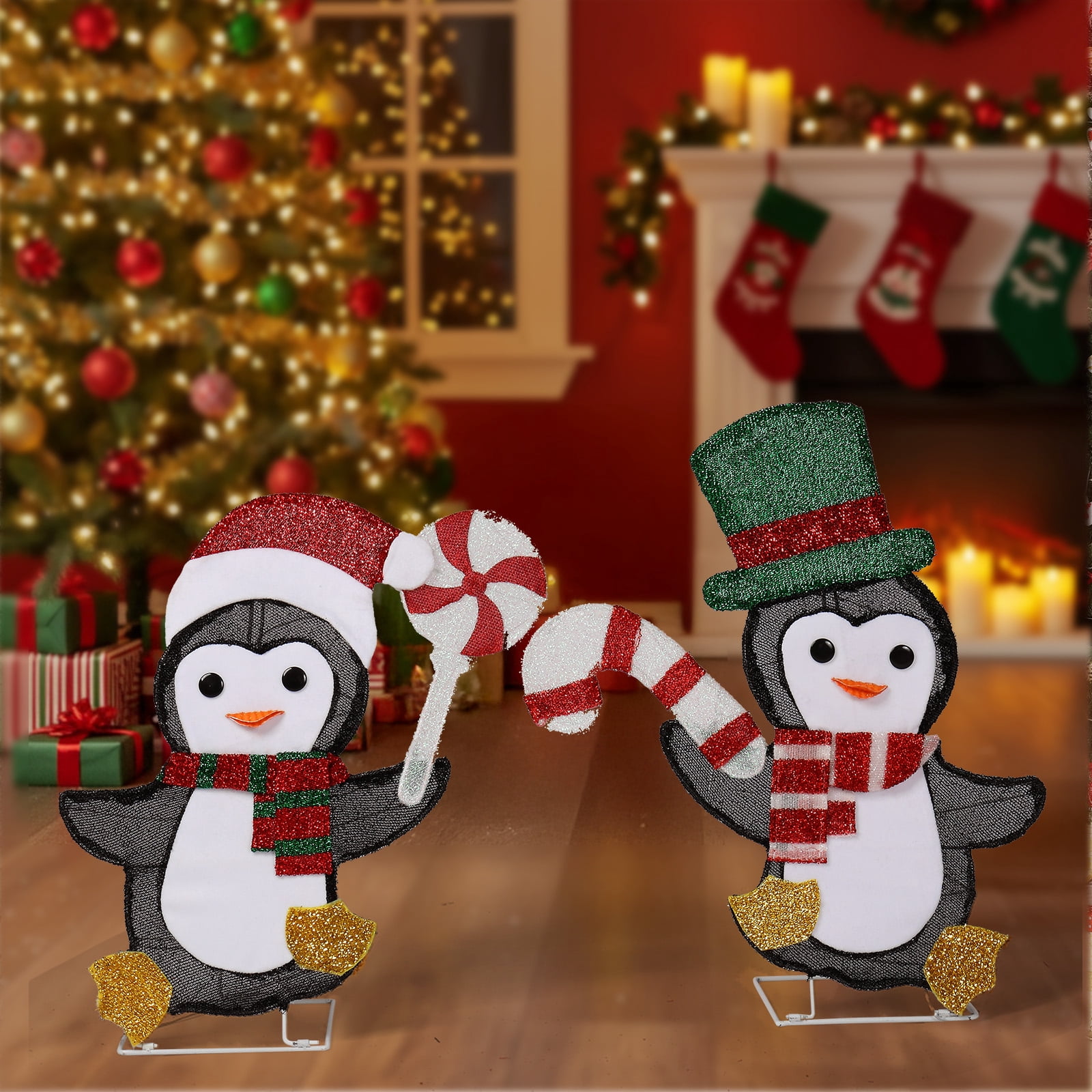 Astoutdoor Set of 2 Lighted Penguin and Candy Cane Christmas Decorations, Pre-lit 2D Holiday Decor with 80 Warm White LED Lights for Indoor Outdoor Use