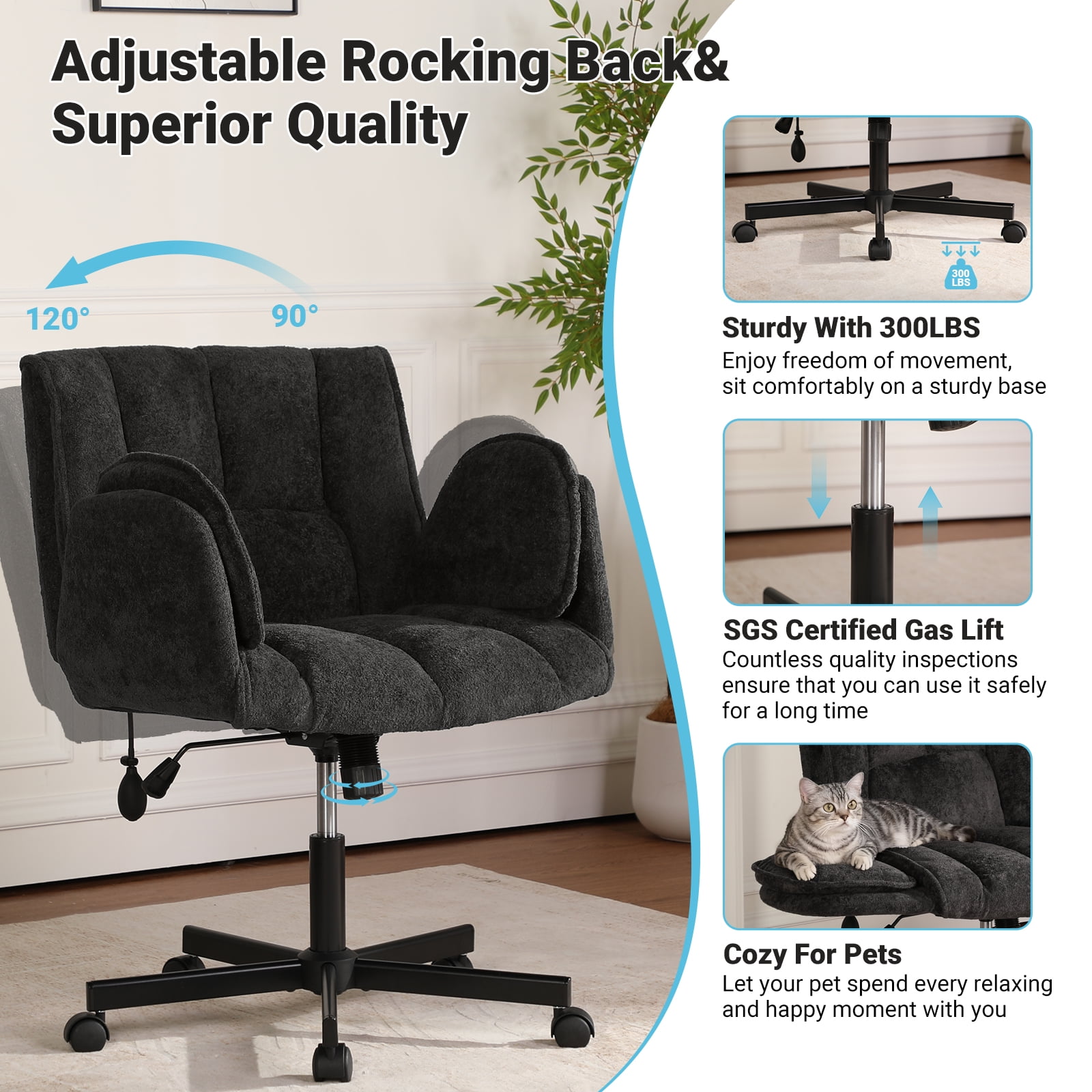 Criss Cross Office Chair with 6-Level Folding Arms and Wheels, Ergonomic Fabric Cross Legged Chair with Dynamic Lumbar Support, Plus Size Swivel Vanity Chair for Home Office, Living Room, Makeup