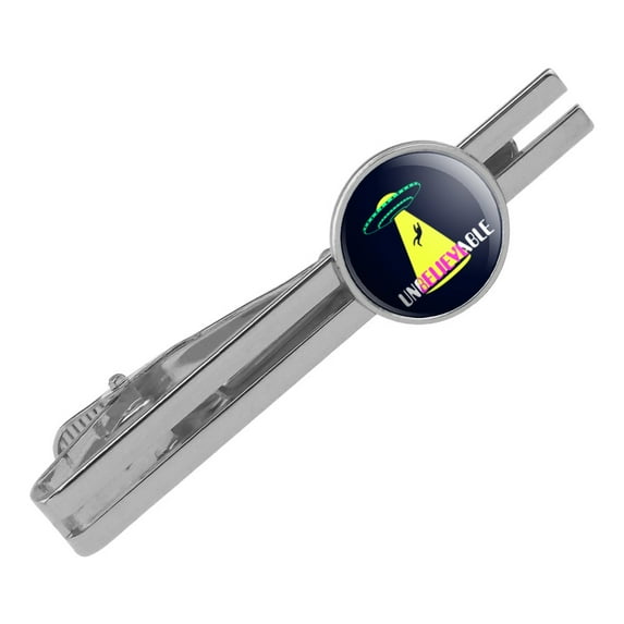 Unbelievable Alien Believe UFO Flying Saucer Round Tie Bar Clip Clasp Tack Silver Color Plated