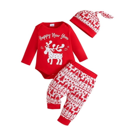 

GYRATEDREAM Infant Baby Boy Girl Christmas Clothes Long Sleeve Romper Pants with Hat My First Christmas Outfits Sets