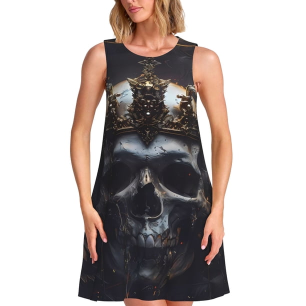 Fotbe Royal Skull With Golden Crown Vestido de Verano sin Mangas para Mujer – Vestido Midi Línea A, Estilo Camiseta Floral, Vestido Playero Casual y Fluido