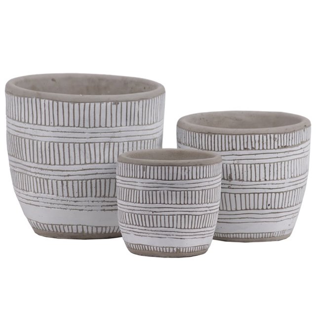 Pot en Grès Irrégulier avec Design de Lignes en Relief, Ensemble de 3, Blanc