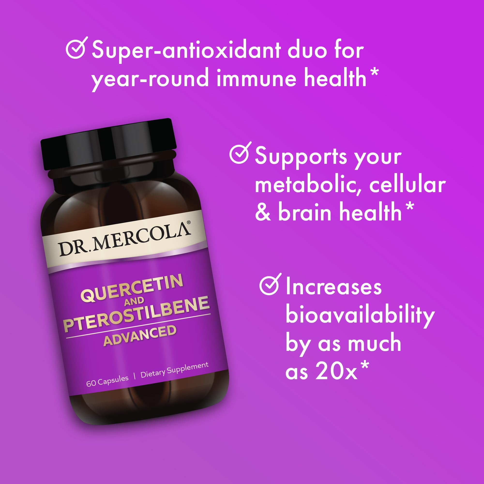Dr. Mercola Quercetin & Pterostilbene Advanced - Supports Respiratory & Immune Health - 500 mg Quercetin - High-Bioavailability Formula - Non-GMO, Gluten-Free & Soy Free - 60 Capsules (30 Servings)