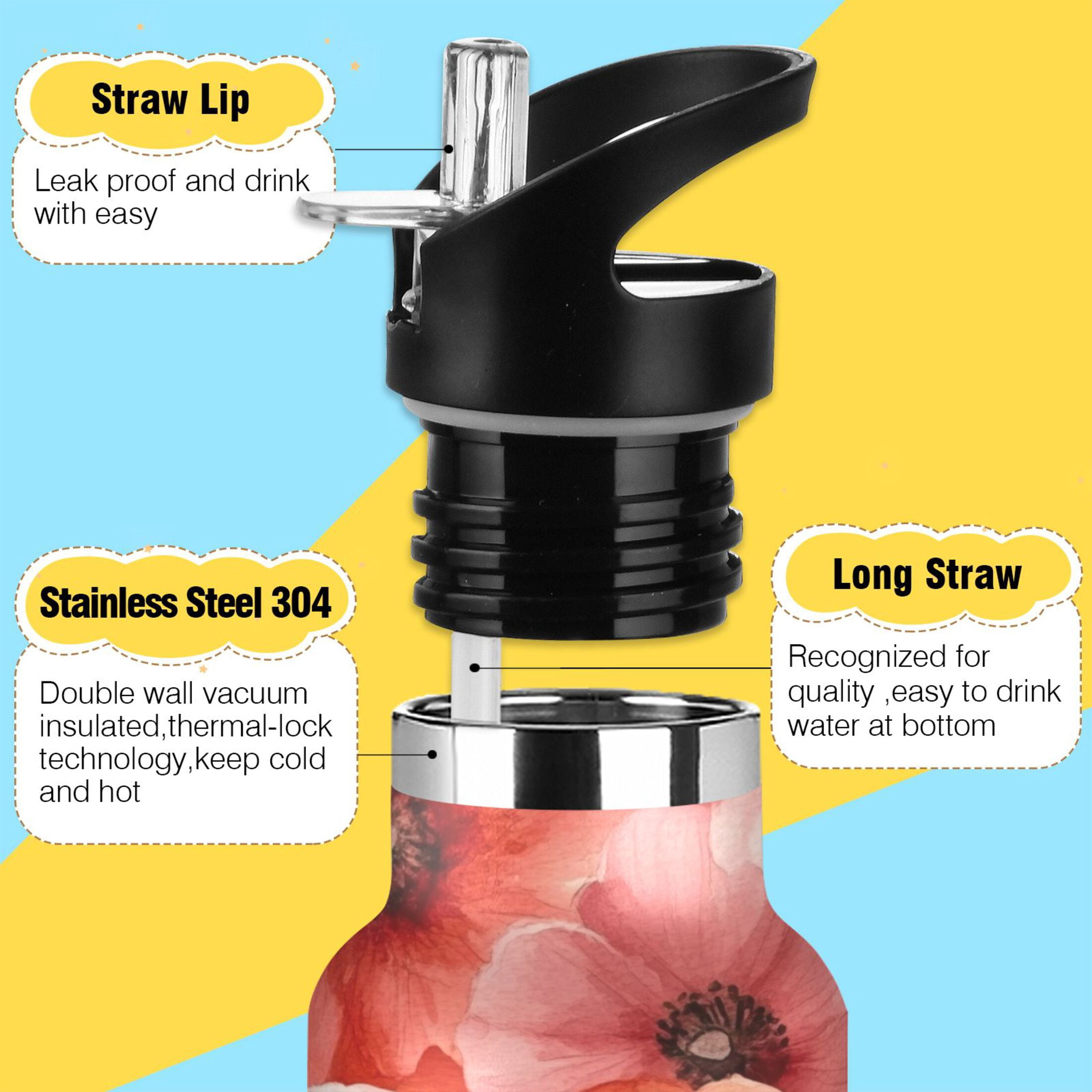 600ML Stainless Steel Insulated Cup Sports Water Bottle Portable Thermos Cup Water Glasses Insulated Tumblers Convenient and Durable Red Flower