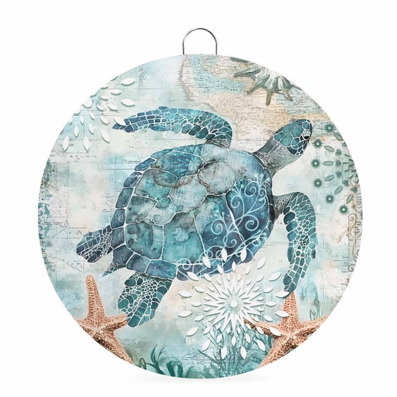 Round Welcome Sign for Front Door, Coastal Sea Turtle Hanging Metal Farmhouse Wall Decor for Porch Entryway, Teal Nautical Beach Starfish Vintage Decoration for Holiday Housewarming Gift, 6 in