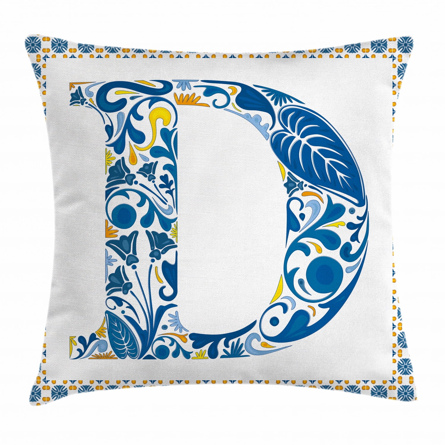 Letter D Throw Pillow Cushion Cover, Vibrant Colored Swirls and Flower