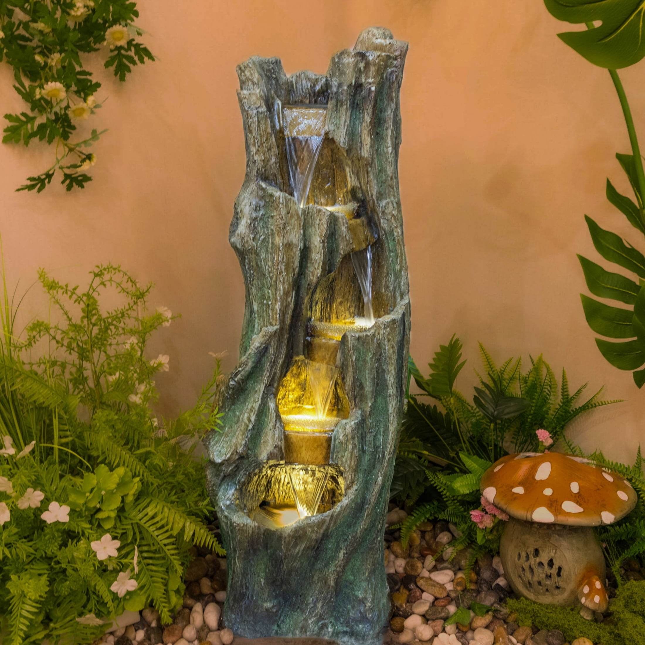 Nyddle Rock Waterfall Outdoor Fountain with LED Lights, Tiered Cascading Stone Garden Fountain, Decorative Water Feature for Patio, Lawn & Backyard