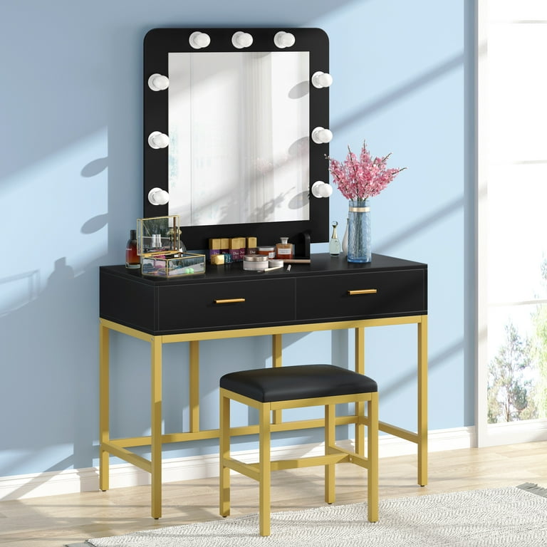 TribeSigns Vanity Table Set with Lighted Mirror Makeup Desk with Cushioned Stool 9 Lights and 2 Drawers for Women Girls Dressing Table for Bedroom