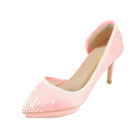 XYD Women Bridal D Orsay Pearl Pointed Closed Toe Pumps Low Platform Mid Heels Slip-on Elegant Prom Shoes Size 8.5 Pink