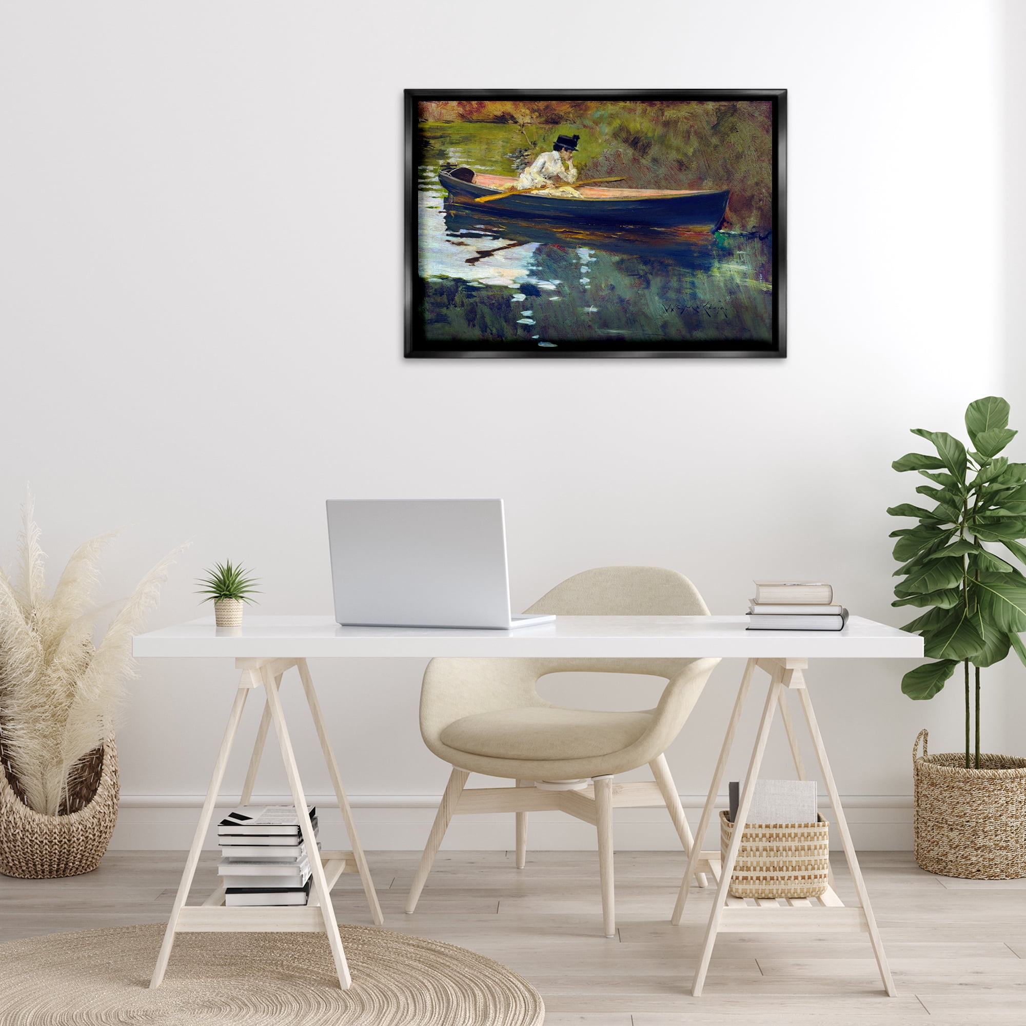 Stupell Industries Thoughtful Woman on Canoe Novelty Painting Black Floater Framed Art Print Wall Art, 31 x 21