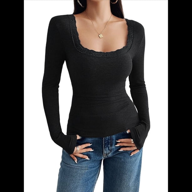 Camisas de Larga para Mujer, Cuello Cuadrado, Tops Cortos de Punto Acanalado, Conjuntos de Otoño, Ropa de Moda Negro XL