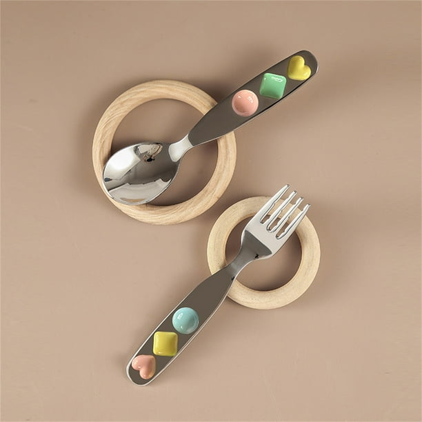 2pcs Baby Spoon Fork Set Toddler Flatware, Toddler Utensils, Cute Handle Stainless Steel, Travel Carrying Case, Portable Feeding Training Spoons Forks, Foldable Case, Stainless Steel