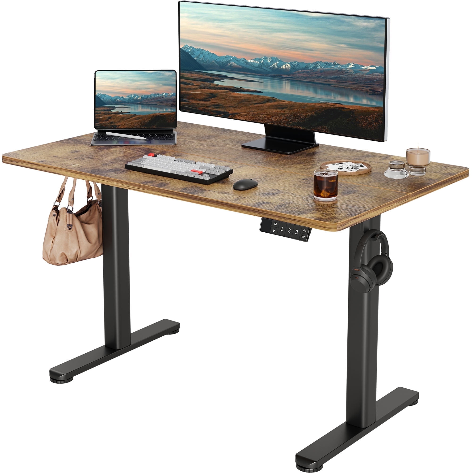 INNOVAR 48" Electric Standing Desk - Adjustable Height Stand up Home Office Desk, Sit to Stand Desk with Splice Board, Rustic Brown Computer Table for Corner Small Space