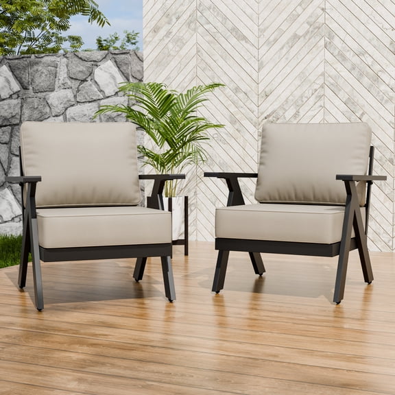 EAGLE PEAK Urban Slate Modern Patio Accent Chair Set of 2 with Thick Cushions，Black/Beige