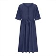 thumbnail image 5 of UVEASISHA Cotton Casual Beach Dresses for Women Short Sleeve V Neck Button Down Shirt Dress Drawstring High Waisted A Line Maxi Dresses Navy S, 5 of 8