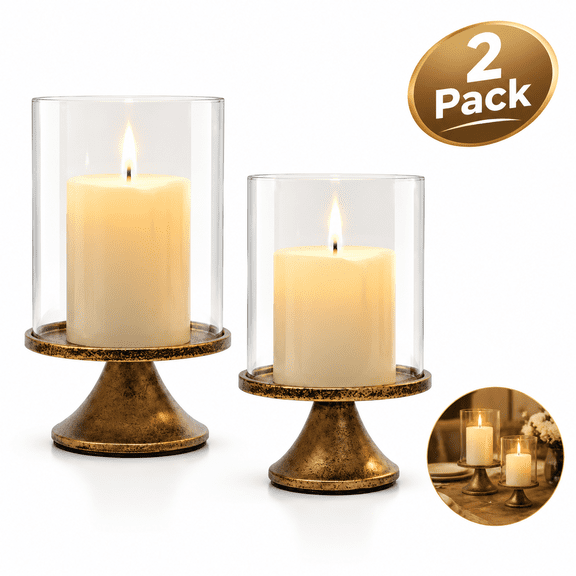 Gold Hurricane Glass Candle Holders, 2 Pack Iron Base Pillar Candlestick Holders, Elegant Home Decor Centerpiece for Living Room Dining Room Bedroom