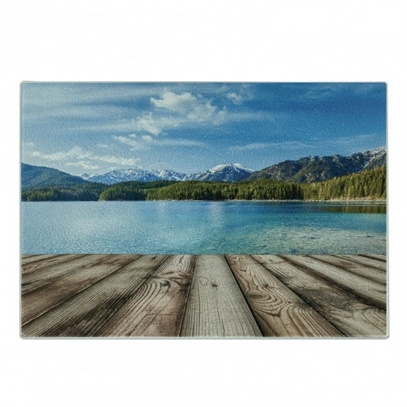 Mountain Cutting Board, Snowy Mountain Tops from Old Wood Deck Pier by Sea Idyllic Calm Coastal Artwork, Decorative Tempered Glass Cutting and Serving Board, Small Size, Brown Blue, by Ambesonne