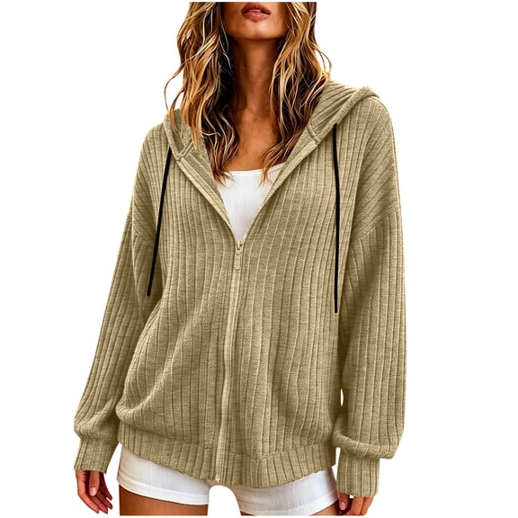 Ghalytn Women's Ribbed Knit Zip Up Hoodie Long Sleeve Drawstring Hooded Sweater Jacket
