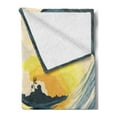 thumbnail image 2 of Ocean Soft Flannel Fleece Blanket, Illustration of Cloudy Sky Tropical Island Wave and Surfer at Sunset Seascape, Cozy Plush for Indoor and Outdoor Use, 50" x 60", Beige Yellow Navy, by Ambesonne, 2 of 5