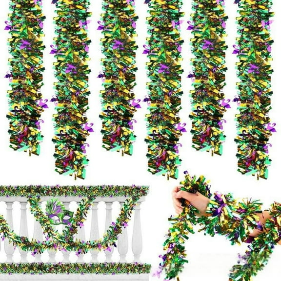6.5 ft Mardi Gras Tinsel Garland Decorations Purple Green Gold Metallic Festooning Garland Glittering Sparkling for Mardi Gras Party Indoor Outdoor Hanging Decoration