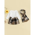 thumbnail image 3 of Musuos Girls Autumn 3 Piece Outfits 12 18 24M 3 4T White Long Sleeve Cable Tops A-line Plaid Skirt Scarf Set, 3 of 10