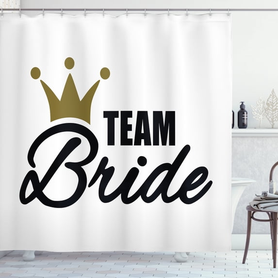 Engagement Party Shower Curtain, Caligraphic Team Bride Message and Heraldic Crown on Initial, Fabric Bathroom Set with Hooks, 69W X 84L Inches Extra Long, Black and Green Brown, by Ambesonne