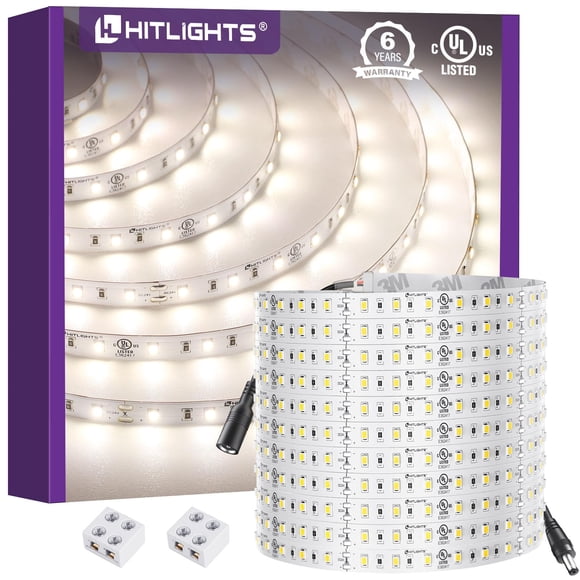 HitLights White LED Strip Lights 4000K 24V, 26.2ft Cuttable Tape Backed 3oz PCB, UL Listed, 1325 Lumen/m, CRI>95, IP20, Lighting for Living Room, Kit