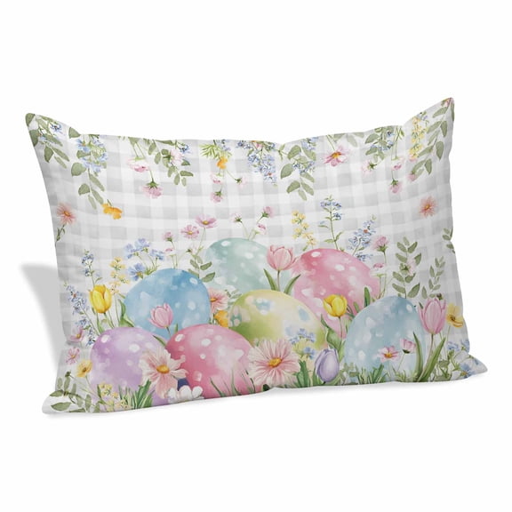 Easter Eggs Pillow Covers 16"x24", Spring Daisy Eucalyptus Leaves Gray Plaid Soft Brushed Microfiber Breathable Throw Pillow Covers, Decorative Pillowcase with Zipper for Couch Sofa Bedroom