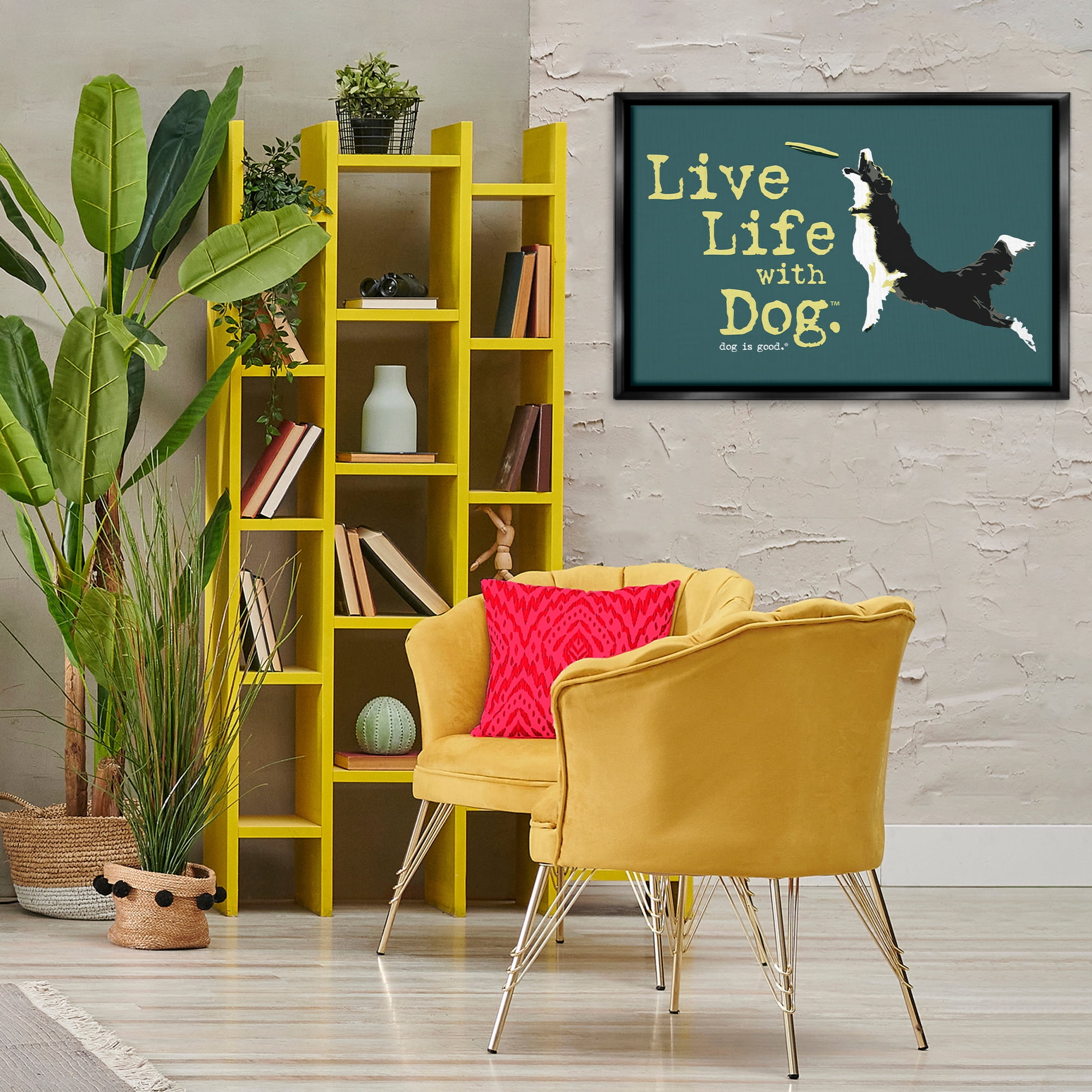 Stupell Industries Dog Playing Fetch Phrase Animals Painting Black Floater Framed Canvas Art Print Wall Art, 31 x 21